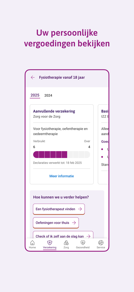 IZZ Zorgverzekering app screen showing physiotherapy reimbursement status and usage