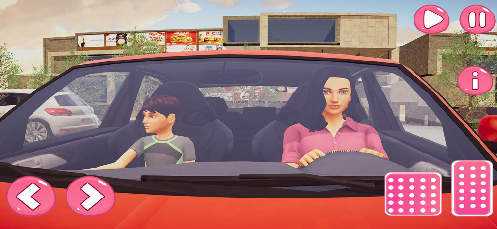 Virtual Mother : Dream Family - A 3D simulation of a virtual mother driving a red car with her son in the passenger seat