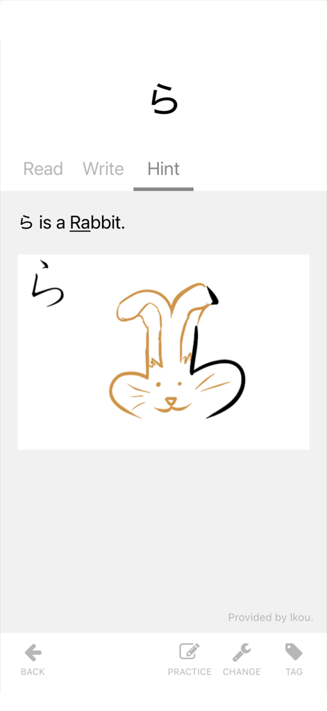 Kanji Teacher - Learn Japanese - Hiragana mnemonic showing the character ra as a rabbit