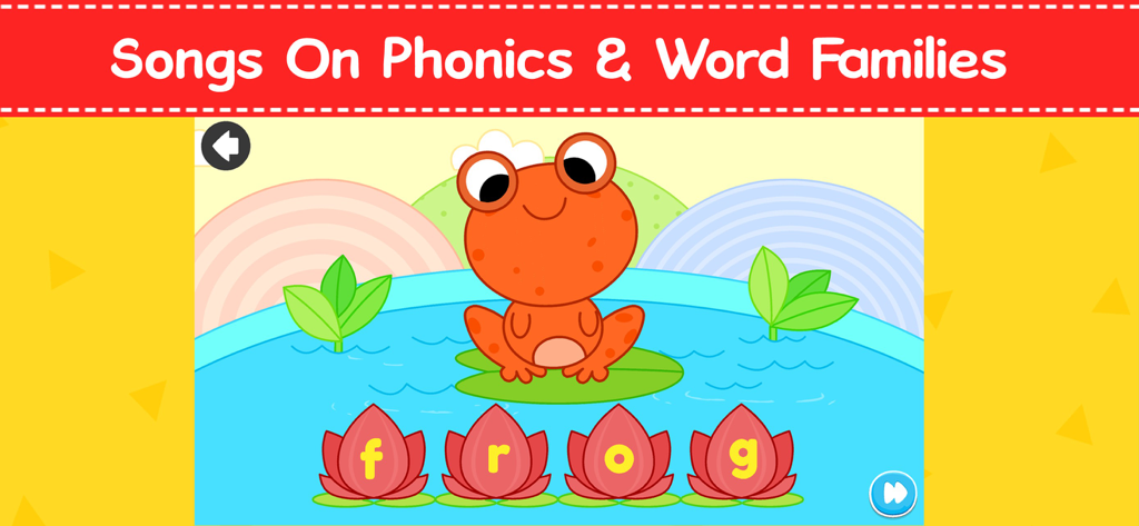 English For Kids - School App - An educational game screen showing an orange frog and the word frog spelled out on water lilies for phonics learning