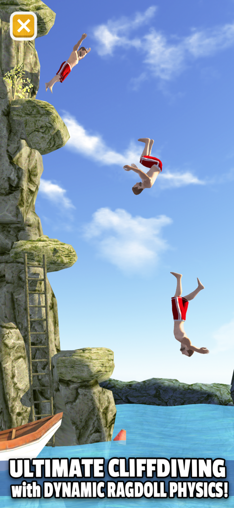 Flip Diving - Ein Charakter springt im Handyspiel Flip Diving mit dynamischer Ragdoll-Physik von einer felsigen Klippe ins Wasser