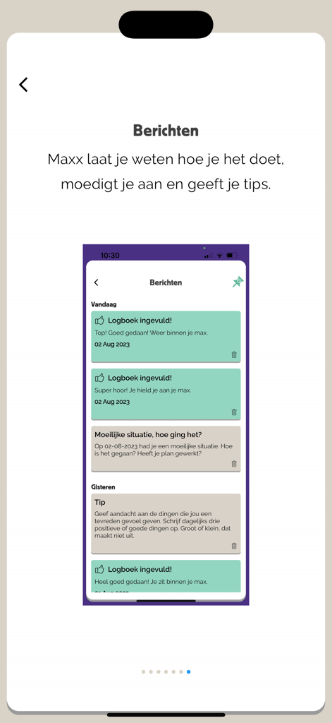 Maxx: grip op alcoholgebruik - Maxx app interface showing coaching messages and feedback on alcohol consumption goals