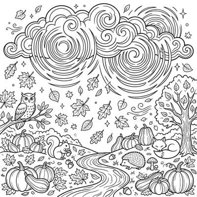 Immerse yourself in a dynamic autumn landscape where the power of pealing thunder meets the cozy charm of fall. This intricate coloring page invites you to bring a vibrant harvest scene, complete with woodland animals and swirling leaves, to life.