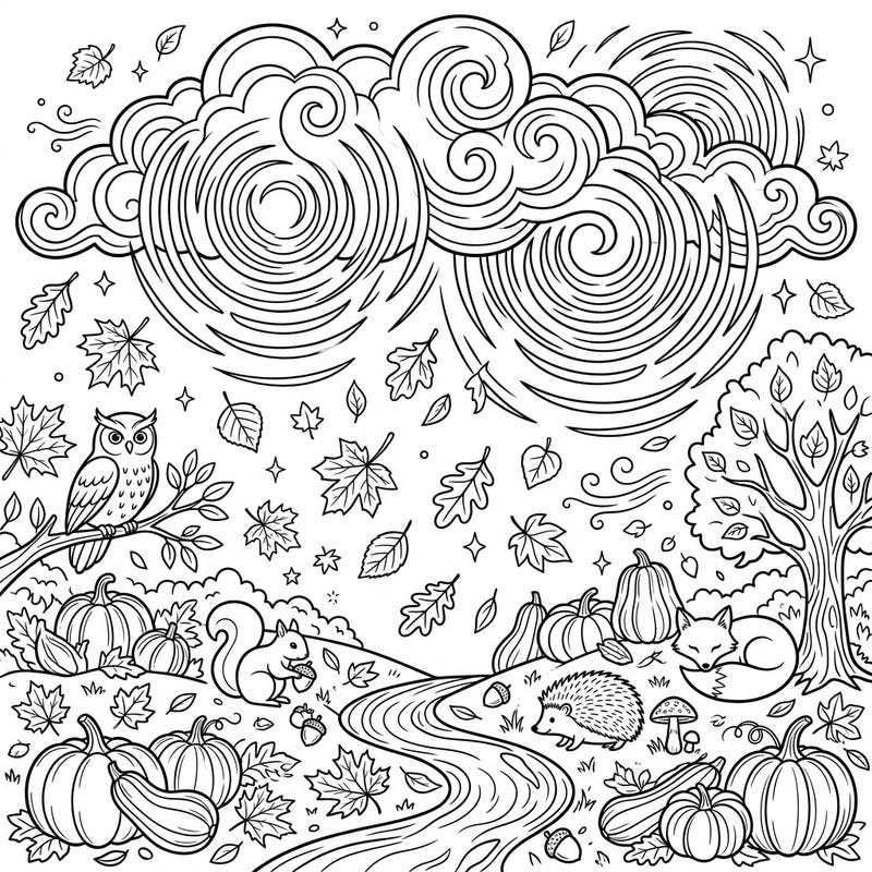 Immerse yourself in a dynamic autumn landscape where the power of pealing thunder meets the cozy charm of fall. This intricate coloring page invites you to bring a vibrant harvest scene, complete with woodland animals and swirling leaves, to life.