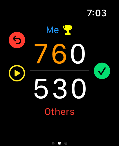 Interfaz de Apple Watch de iWatch Padel mostrando el marcador actual del partido entre dos jugadores