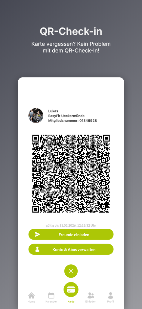 EasyFIT - Interface do aplicativo móvel EasyFIT exibindo um código QR para check-in na academia e opções de gerenciamento de assinatura