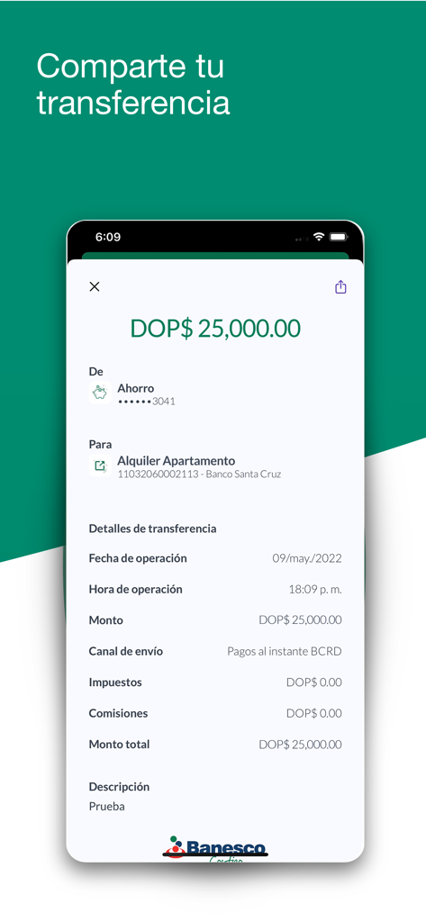 Pantalla de la aplicación móvil que muestra la confirmación de una transferencia bancaria de veinticinco mil pesos dominicanos con cero comisiones.