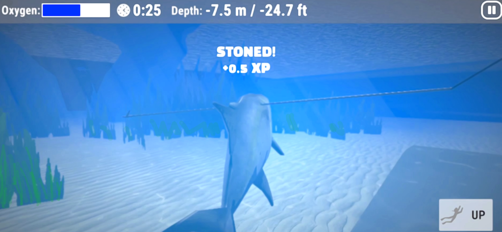 Spearfishing Simulator - Spearfishing Simulator gameplay showing a fish caught with a spear and XP earned underwater