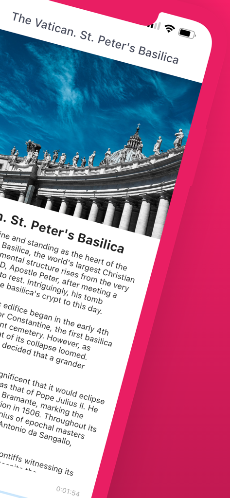 Rome Walks - Offline Guide - Mobile app screen showing historical details and a photo of St Peters Basilica in the Vatican