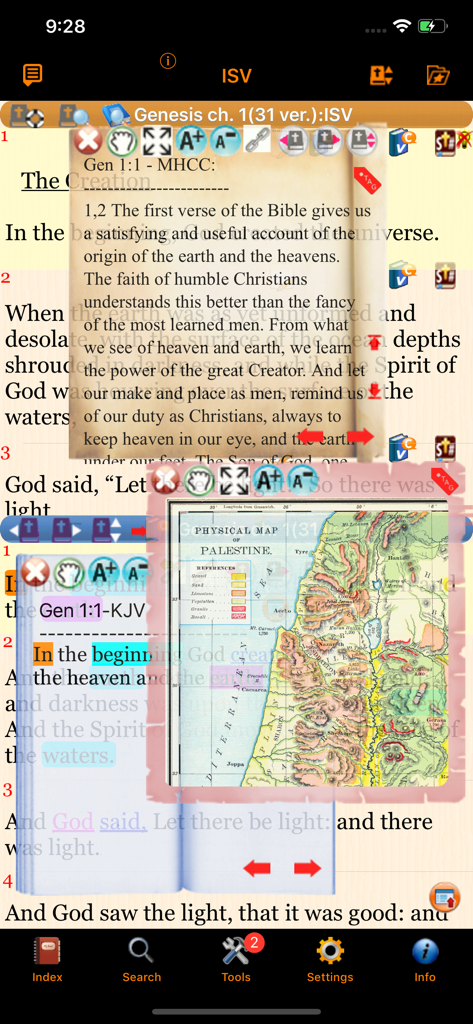 Handy Bible Pro - Handy Bible Pro interface showing multiple floating windows with scripture text, commentary, and a biblical map