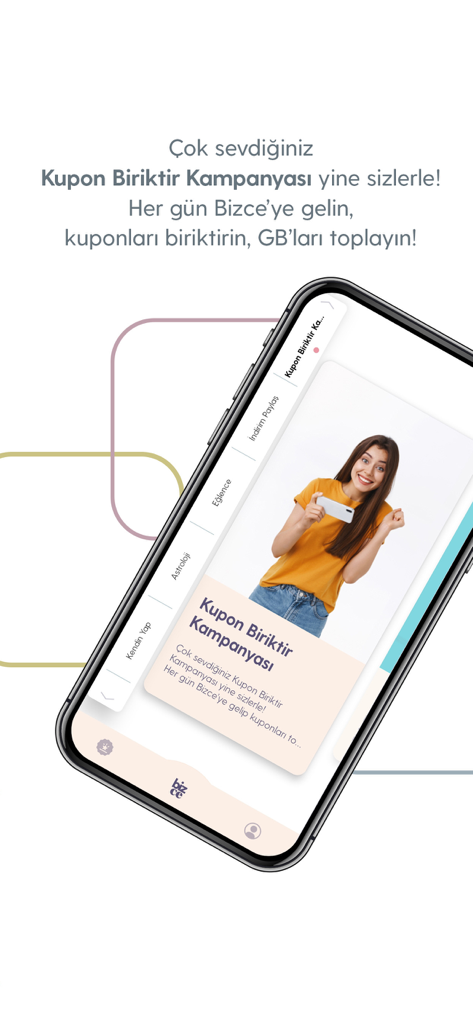 Turkcell Bizce - Turkcell Bizce App-Bildschirm zeigt eine Coupon-Sammelkampagne für Frauen, um mobile Datenprämien zu verdienen.