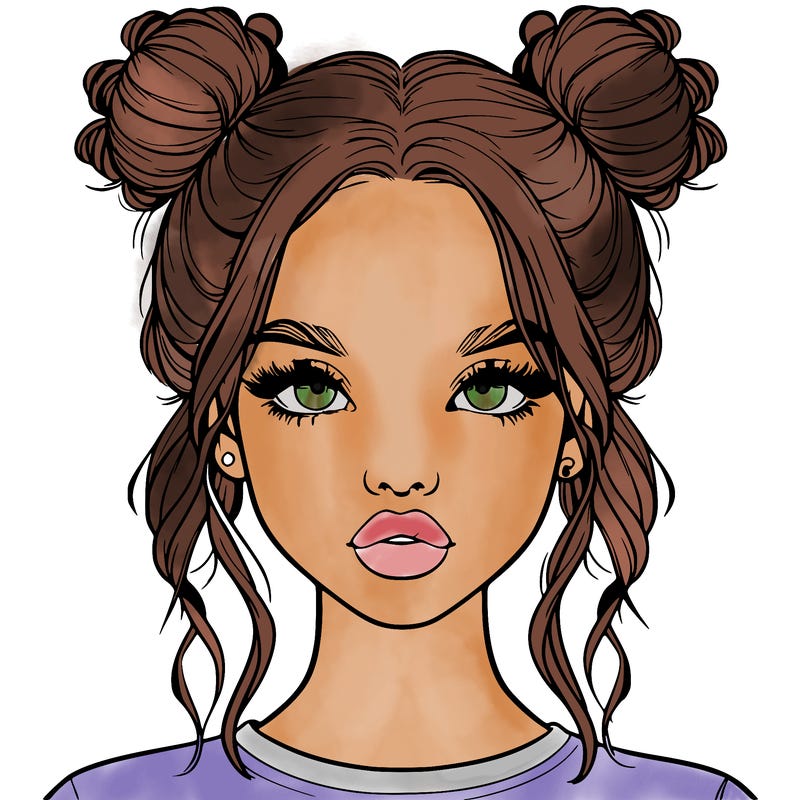 realistic girl with two buns in hair and lips