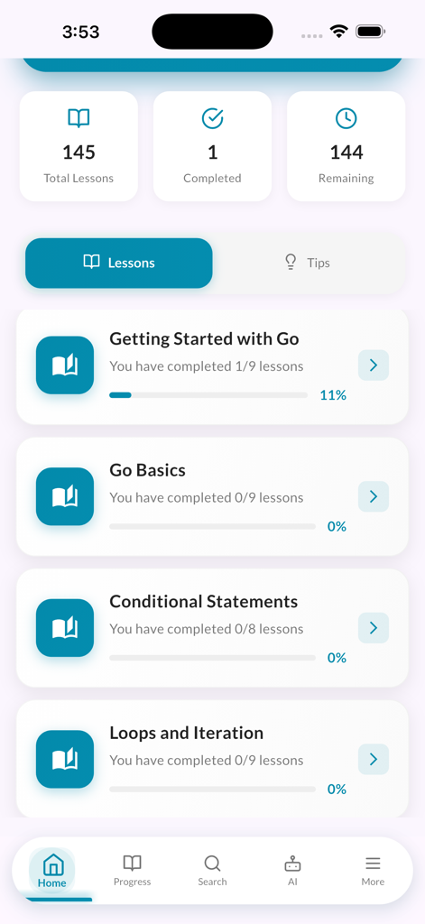 The lessons overview screen of the GoLang Pro app showing course modules and progress tracking