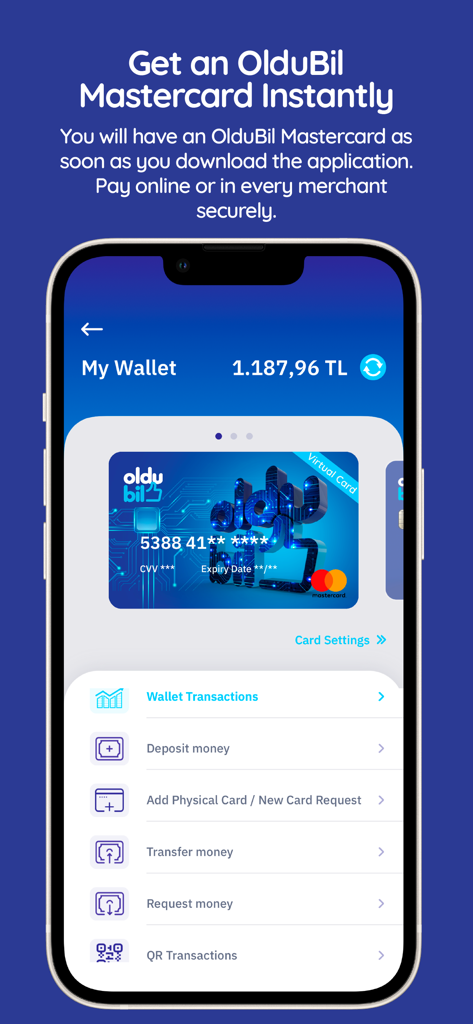 OlduBil - OlduBil mobile app My Wallet screen displaying a virtual Mastercard and account balance