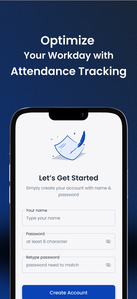 Attnd app sign up screen showing name and password input fields to create an account