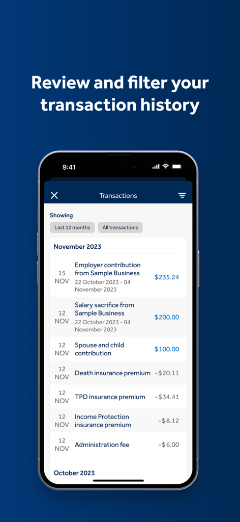 Hostplus - Hostplus app screen showing a list of superannuation transactions including contributions and insurance premiums