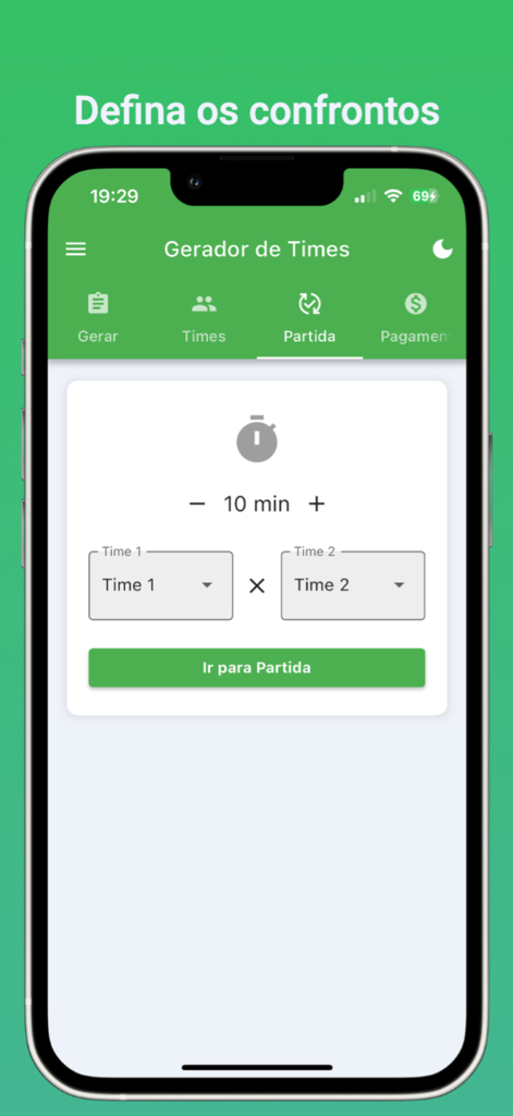 Soccer match setup screen with team selection and timer