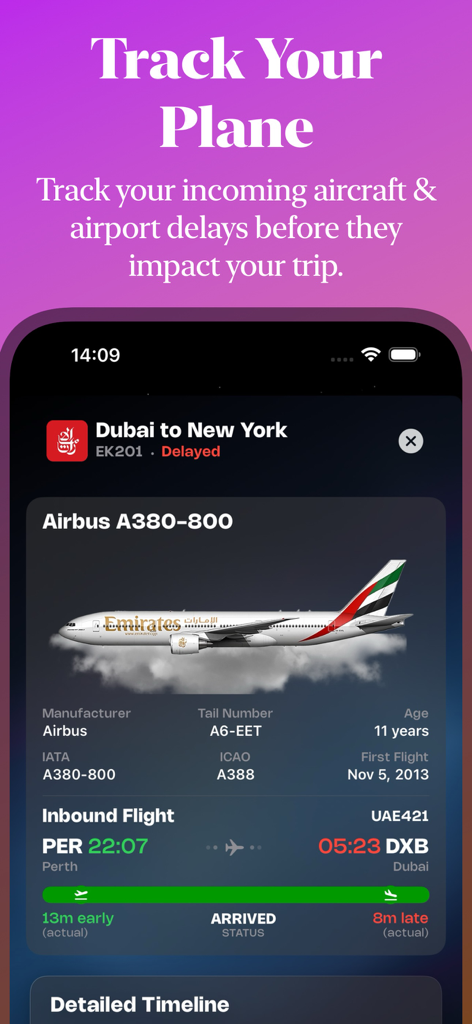 Flight Tracker: FlightElite AI - Mobile app interface showing detailed tracking for an incoming Emirates Airbus A380-800 aircraft with inbound flight status and delays.