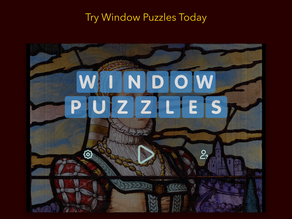 Main menu screen of Window Puzzles app featuring a beautiful stained glass portrait of a woman with a play button
