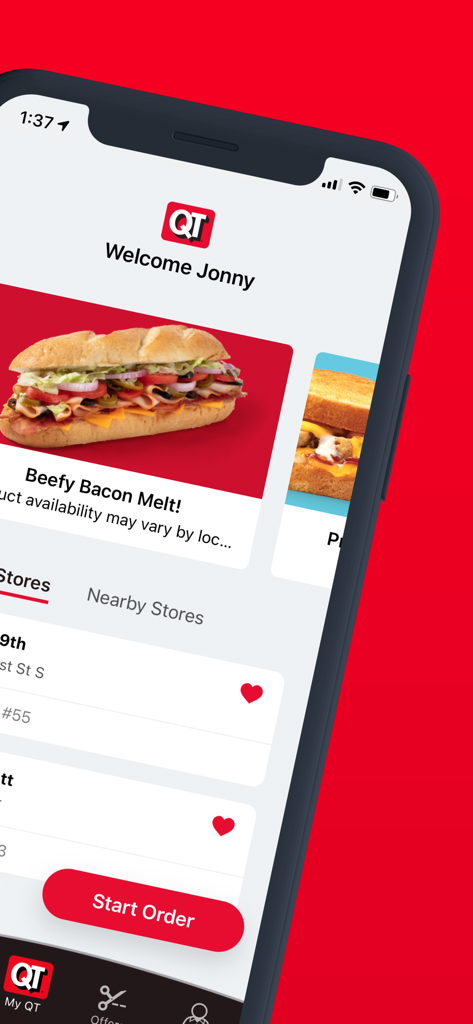 QuikTrip: Coupons, Fuel, Food - QuikTrip mobile app interface showing food menu options and a red start order button