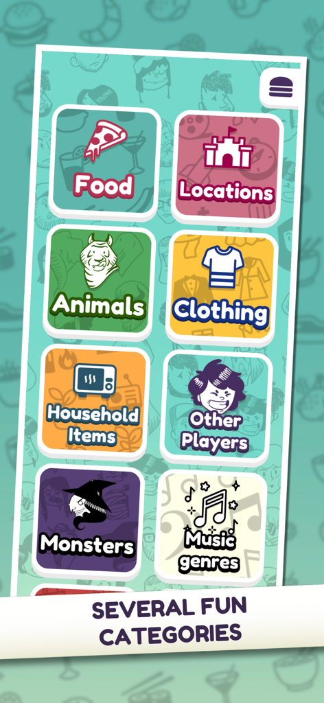 Ecrã do jogo móvel Out of the Loop mostrando diferentes categorias de trivialidades, como Comida, Animais e Monstros