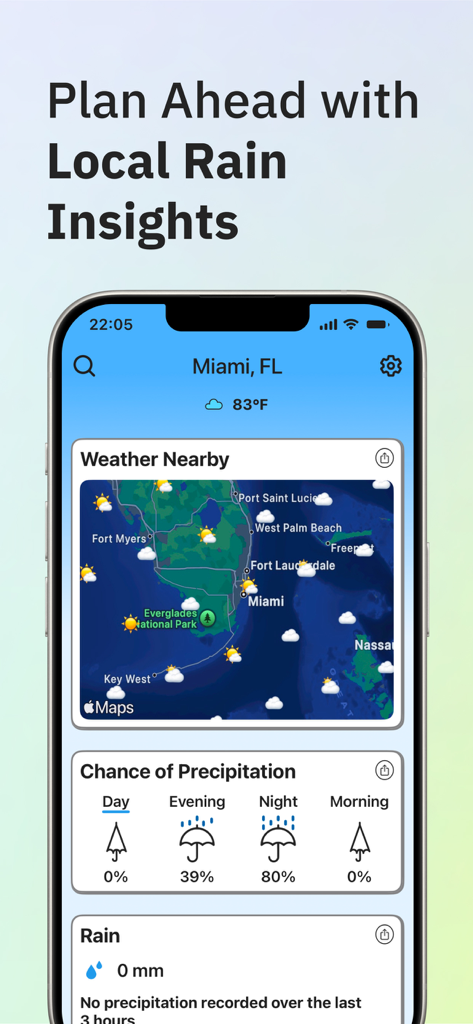 Interface do aplicativo Weather Cards mostrando previsão de chuva local e mapa do tempo para Miami