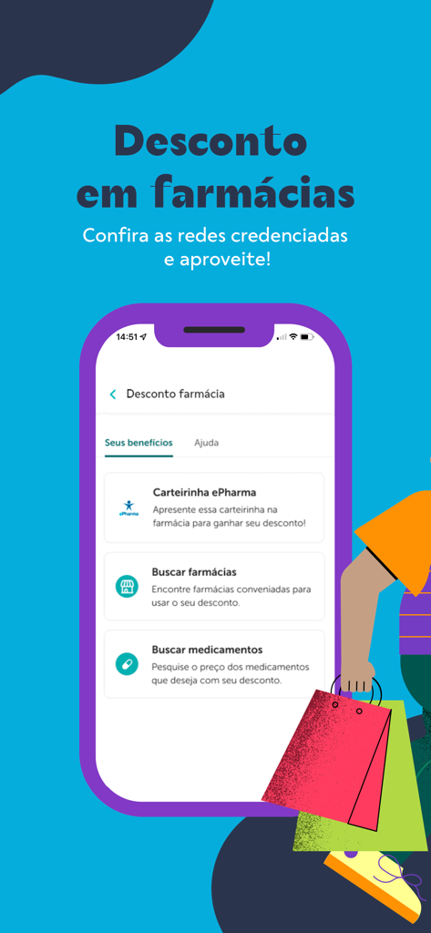 Interface of the Meu Alelo app showing pharmacy discount options including a digital ID card and search for nearby pharmacies and medications.