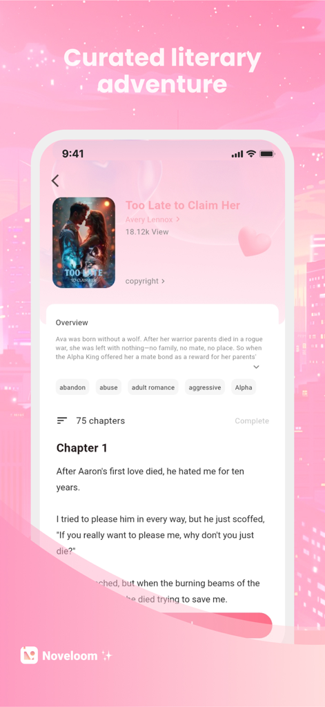 Noveloom app interface displaying a curated romance story with book overview and the first chapter text