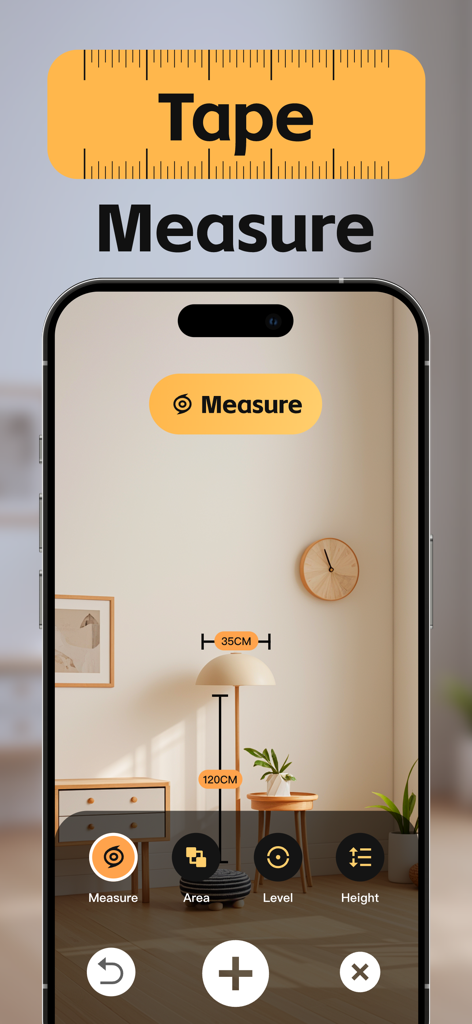 Smart Level & AR Ruler - Smart Level app interface showing AR ruler measuring furniture dimensions in a living room