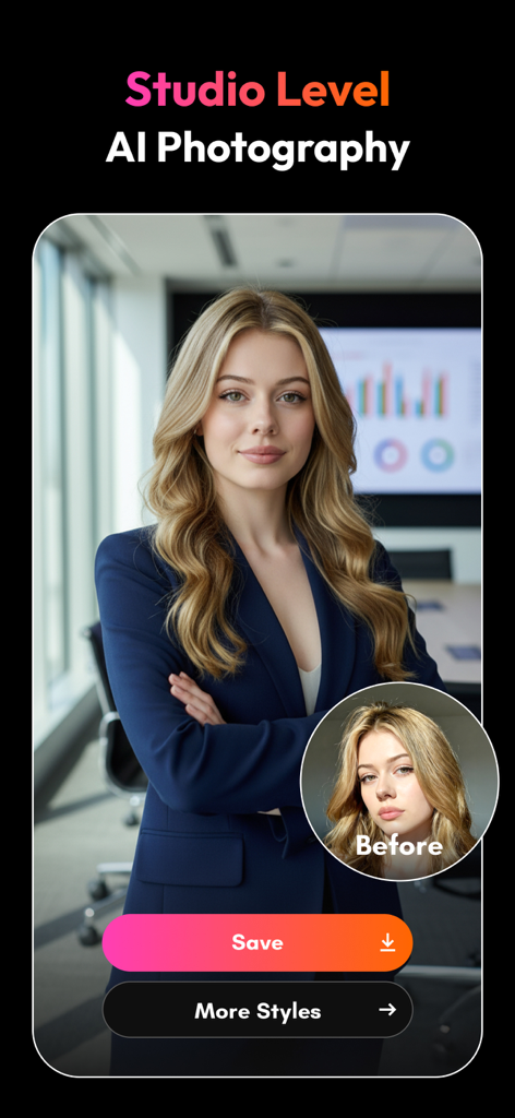 PicMa: AI Photo & Video Editor - Una comparación que muestra el selfie informal de una mujer transformado en un retrato profesional a nivel de estudio usando IA