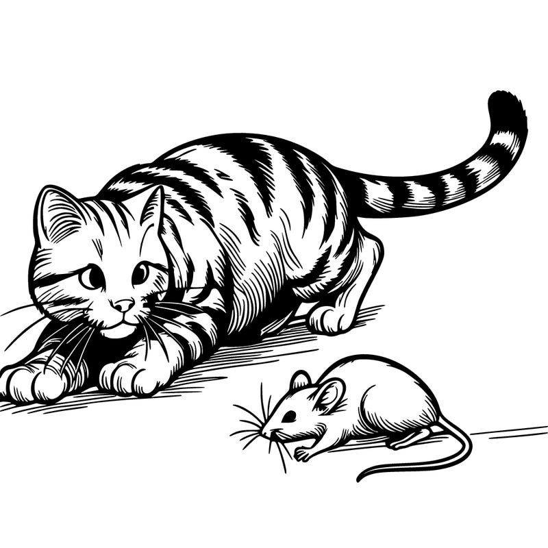 a realistic stray cat hunting a mouse