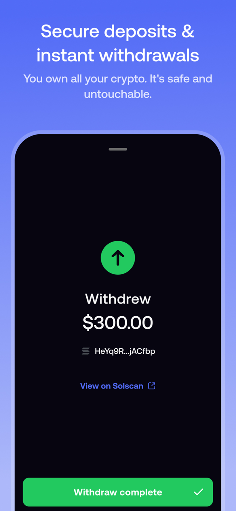 A mobile screen showing a successful three hundred dollar crypto withdrawal on the fomo app