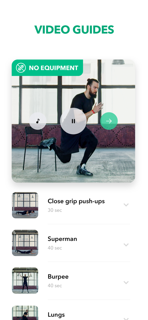 Interface of the GetFit app displaying video tutorials for no-equipment home exercises