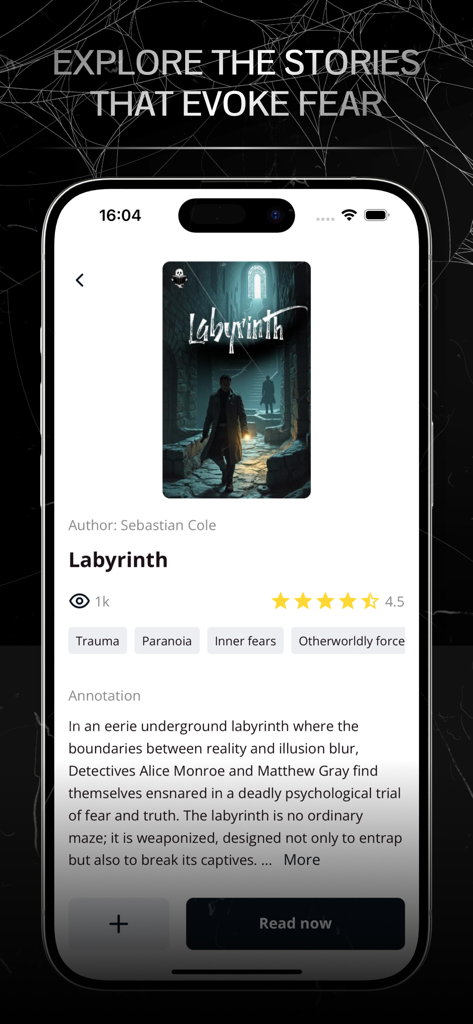 Horror Stories Library - Interface de um aplicativo móvel exibindo um livro de terror intitulado Labyrinth com tags de thriller psicológico e um botão ler agora.