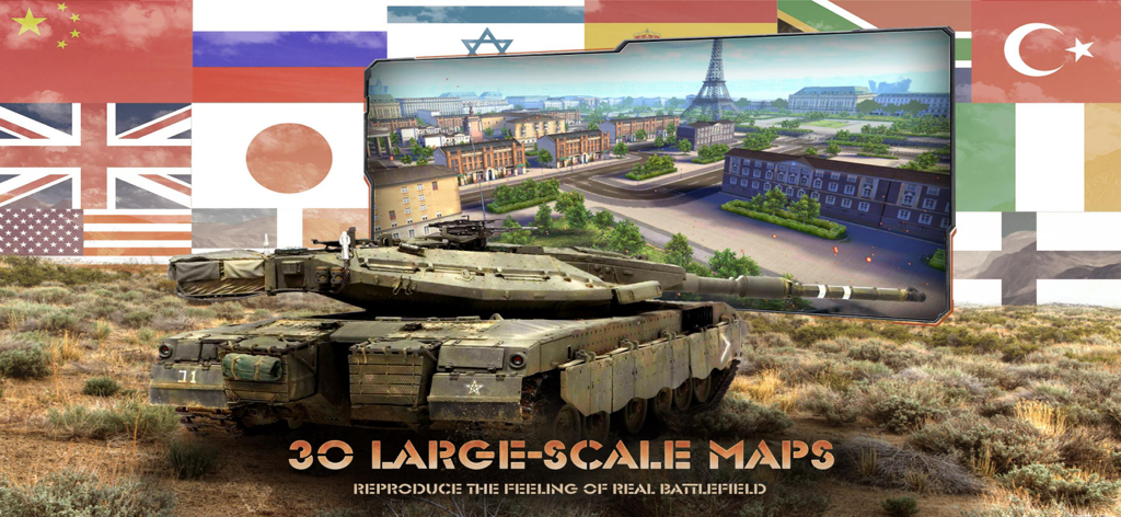Clash of Panzer - A modern battle tank in front of international flags and a 3D urban map featuring the Eiffel Tower in Clash of Panzer