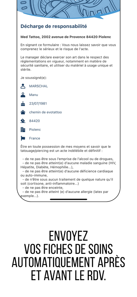 Tattoomorrow - Digital liability disclaimer and consent form on the Tattoomorrow mobile app