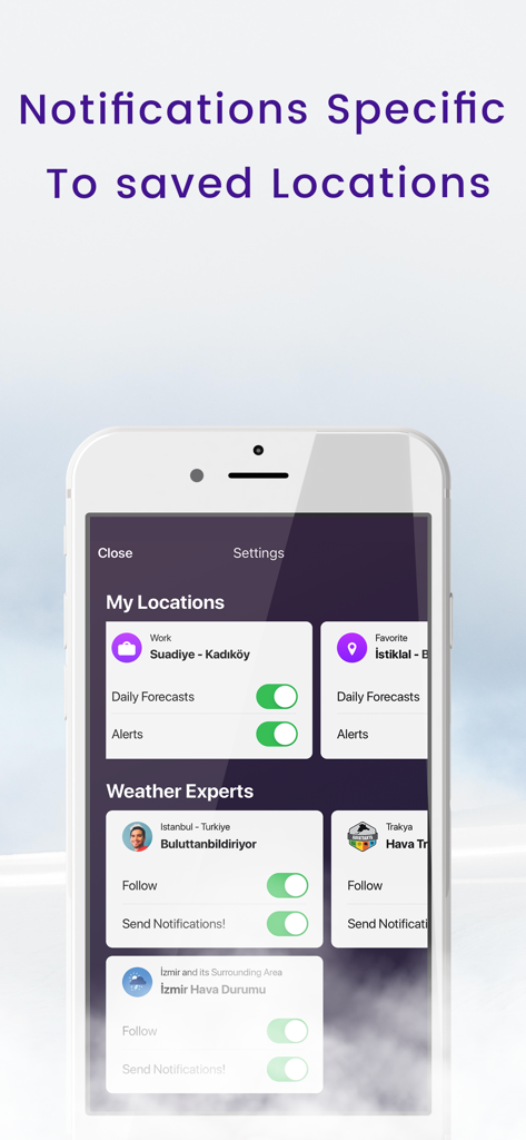 Buluttan app interface showing notification settings for saved neighborhood locations and weather experts.