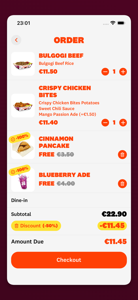 Mmaah! - Eat Korean - Mmaah app order summary screen showing Korean dishes with a 50 percent discount and free rewards