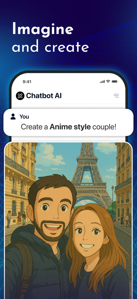 Uma captura de tela de aplicativo móvel mostrando um casal em estilo anime gerado por IA em frente à Torre Eiffel