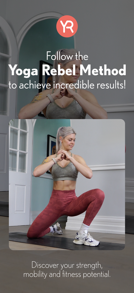 The Yoga Rebel Studio - Woman performing a deep lunge mobility exercise in The Yoga Rebel Studio app