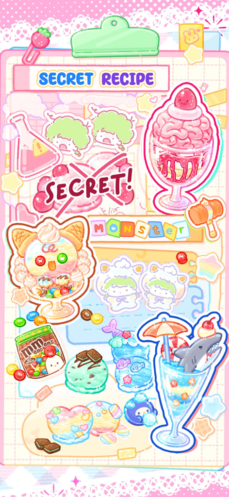 Secret recipe page in Tanghulu Master featuring colorful kawaii desserts and ice cream sundaes