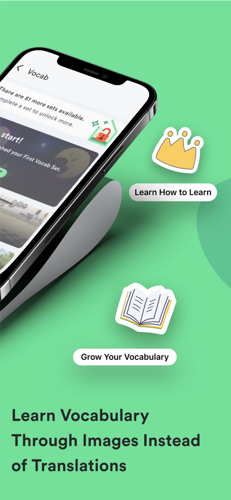 Fluent Forever app screenshot displaying the lesson Learn Vocabulary Through Images Instead of Translations with progress icons for learning and vocabulary growth