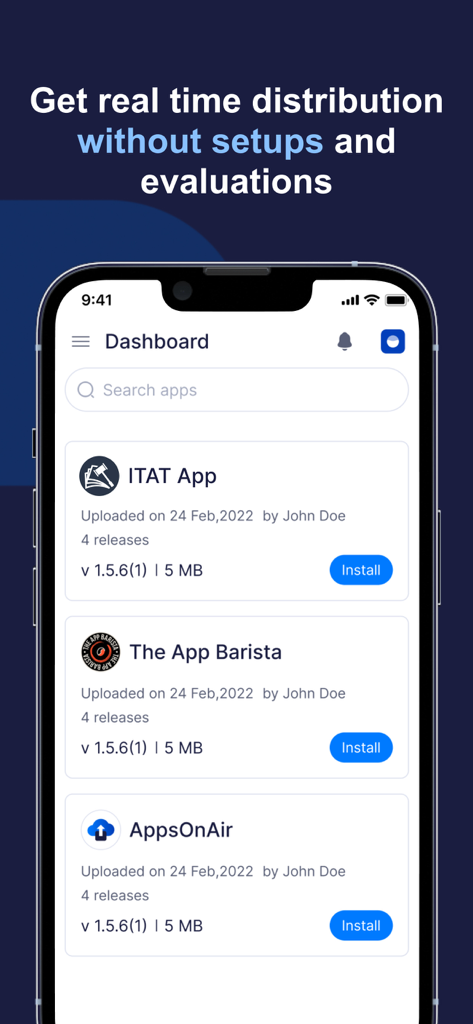 AppsOnAir - AppsOnAir mobile app dashboard showing a list of distributed apps with install options and version details