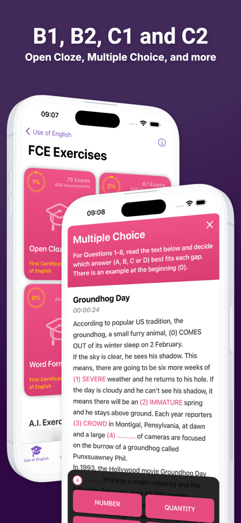 Use of English PRO - Cambridge English exam practice interface with multiple choice exercises and level selections for B1 through C2