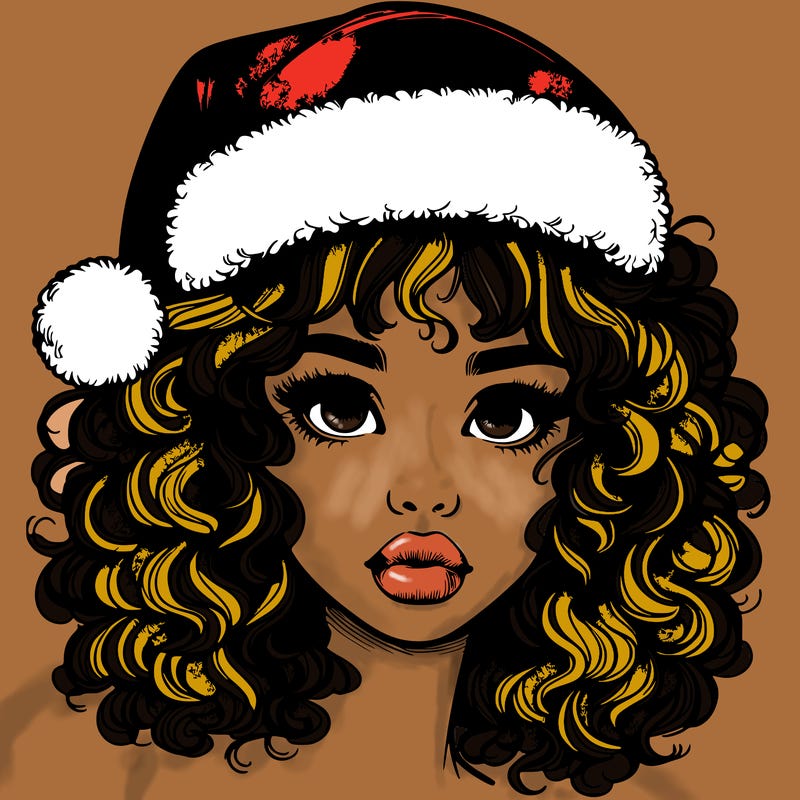 realistic girl with a santa hat curly hair and lips
