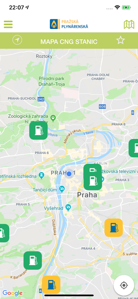 Mapa de estaciones de repostaje de GNC en Praga de la aplicación Estaciones de GNC