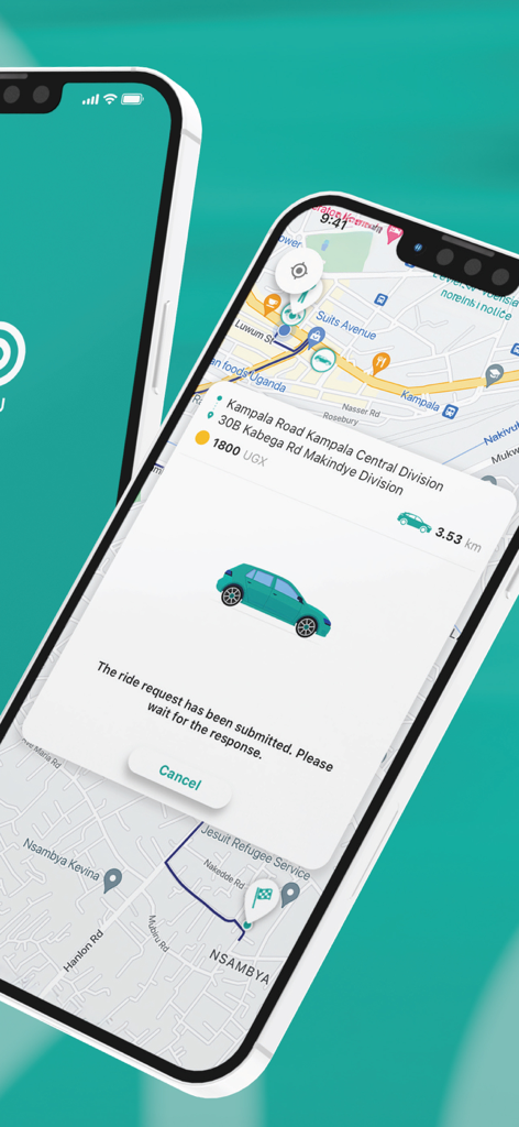 Ride Now - Uganda - Ride Now Uganda app interface showing a ride request submission on a map of Kampala