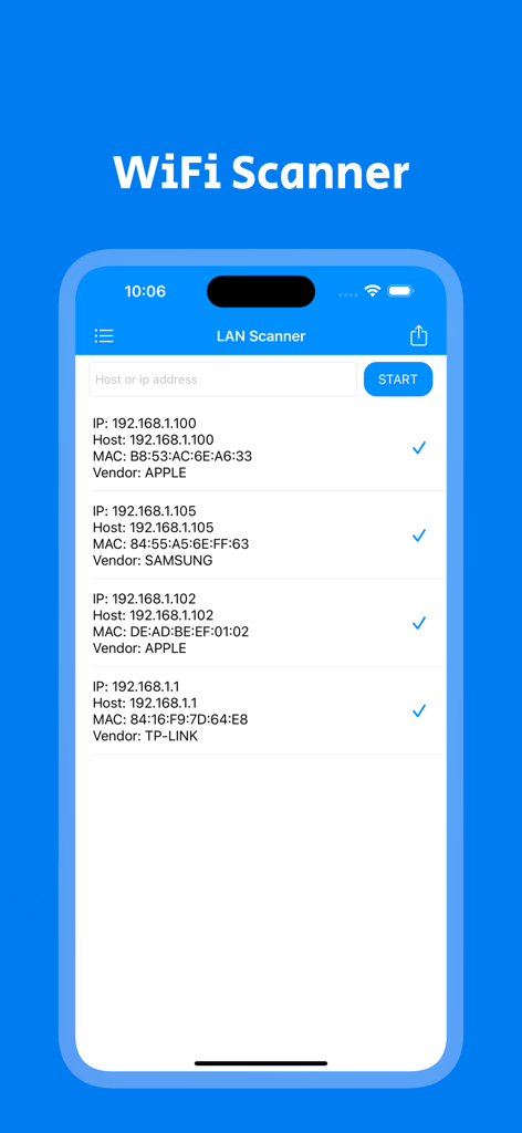 WiFi Tools & Analyzer - Pantalla de aplicación de smartphone que muestra un escáner LAN con una lista de dispositivos conectados a una red WiFi, incluyendo direcciones IP y MAC