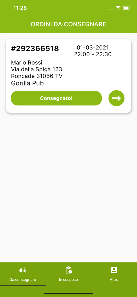Interfaz de la aplicación Vorrey.it Riders que muestra una tarjeta de pedido de entrega con detalles del cliente y del restaurante.
