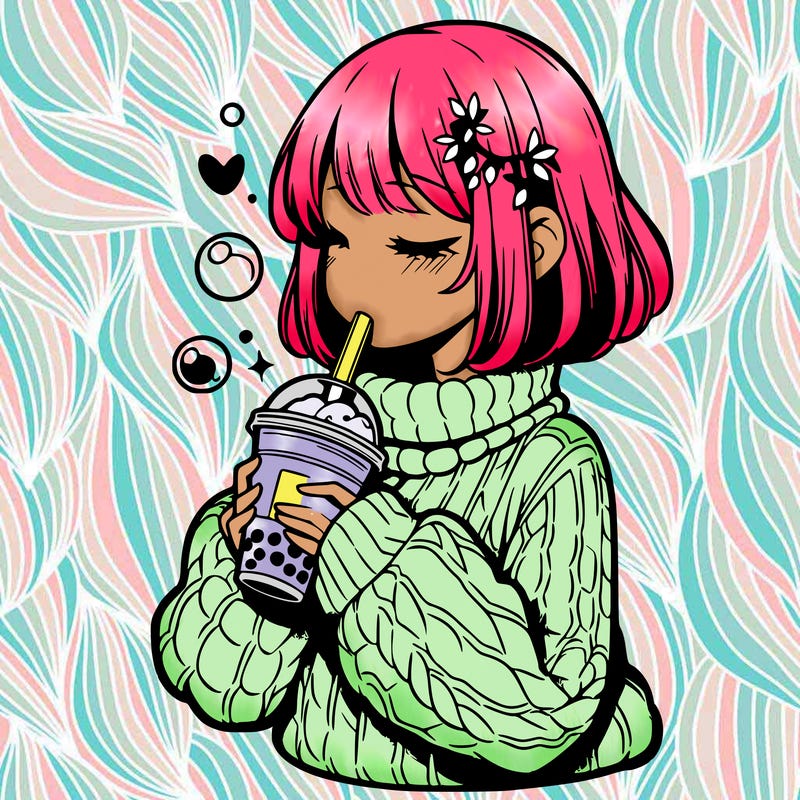 manga girl drinking boba in cozy sweater